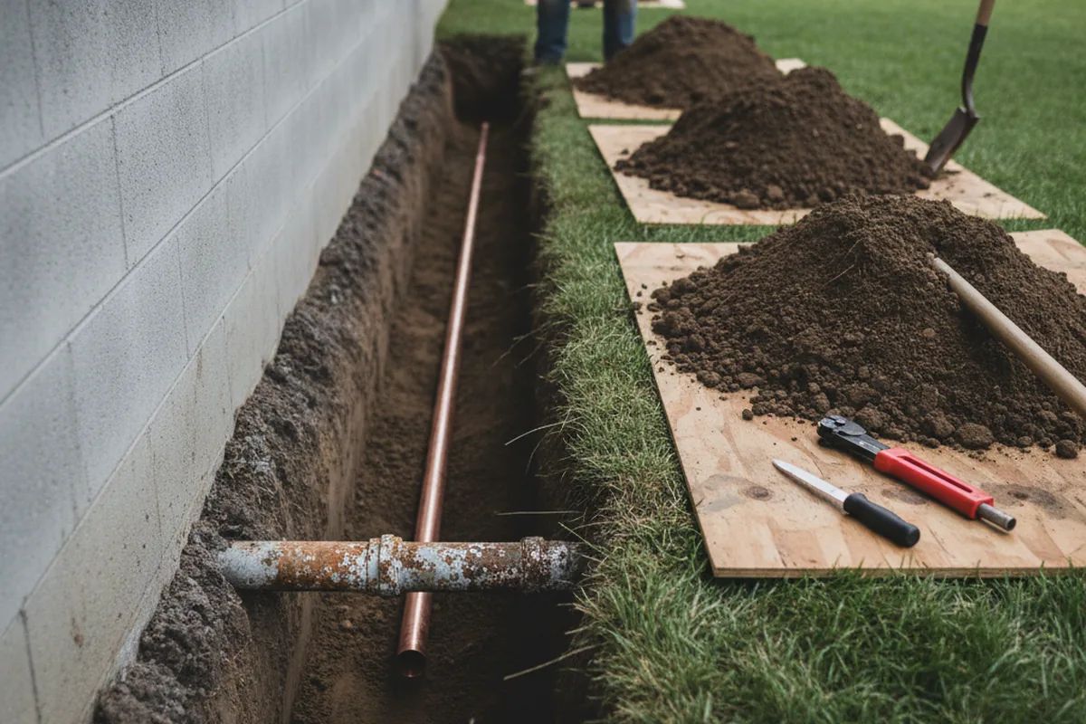 Excavated water line trench during Sewer Line Repair in La Belle